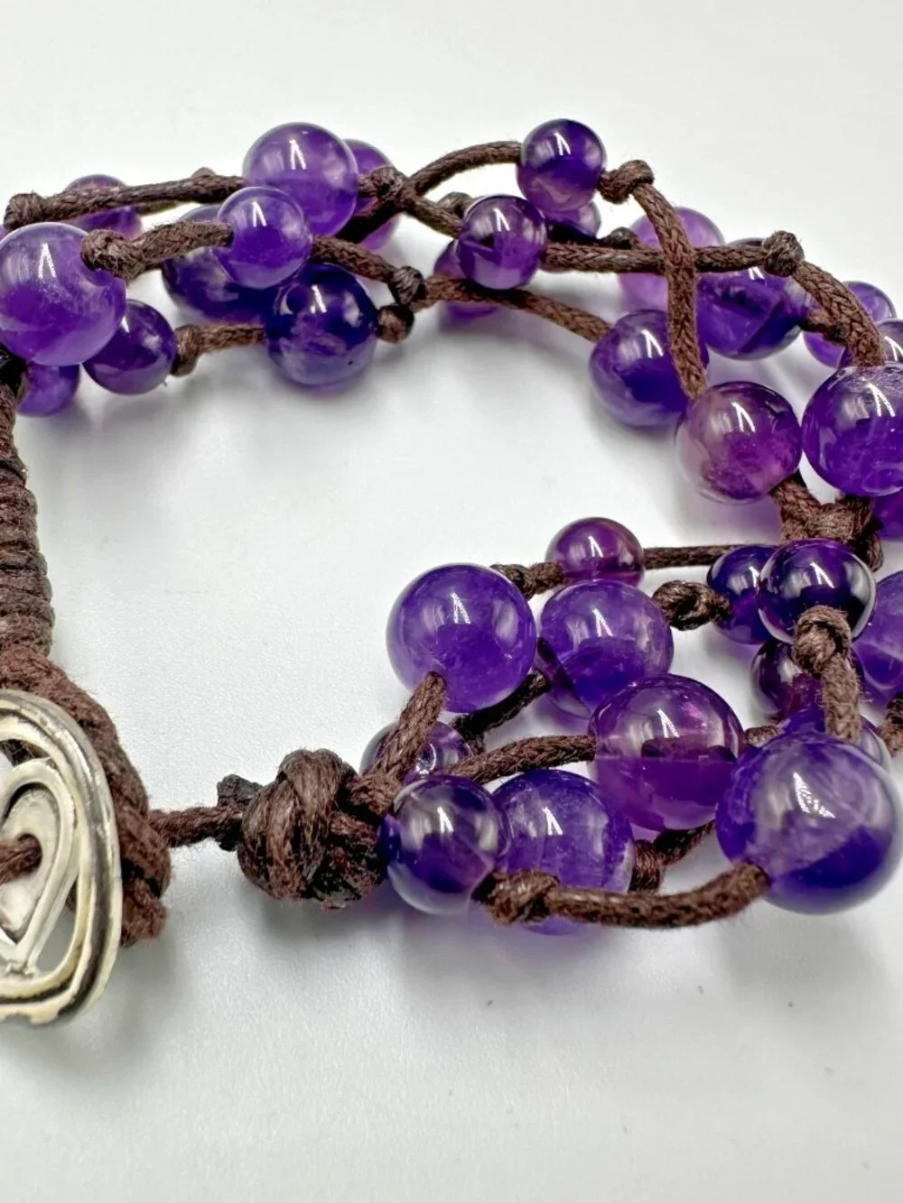 Amethyst Beaded Bracelet Sterling Silver Heart Clasp Brown Cord Bohemian 6